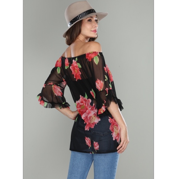 💥Black Tulle Red Rose Off Shoulder Print Top - Picture 2 of 3